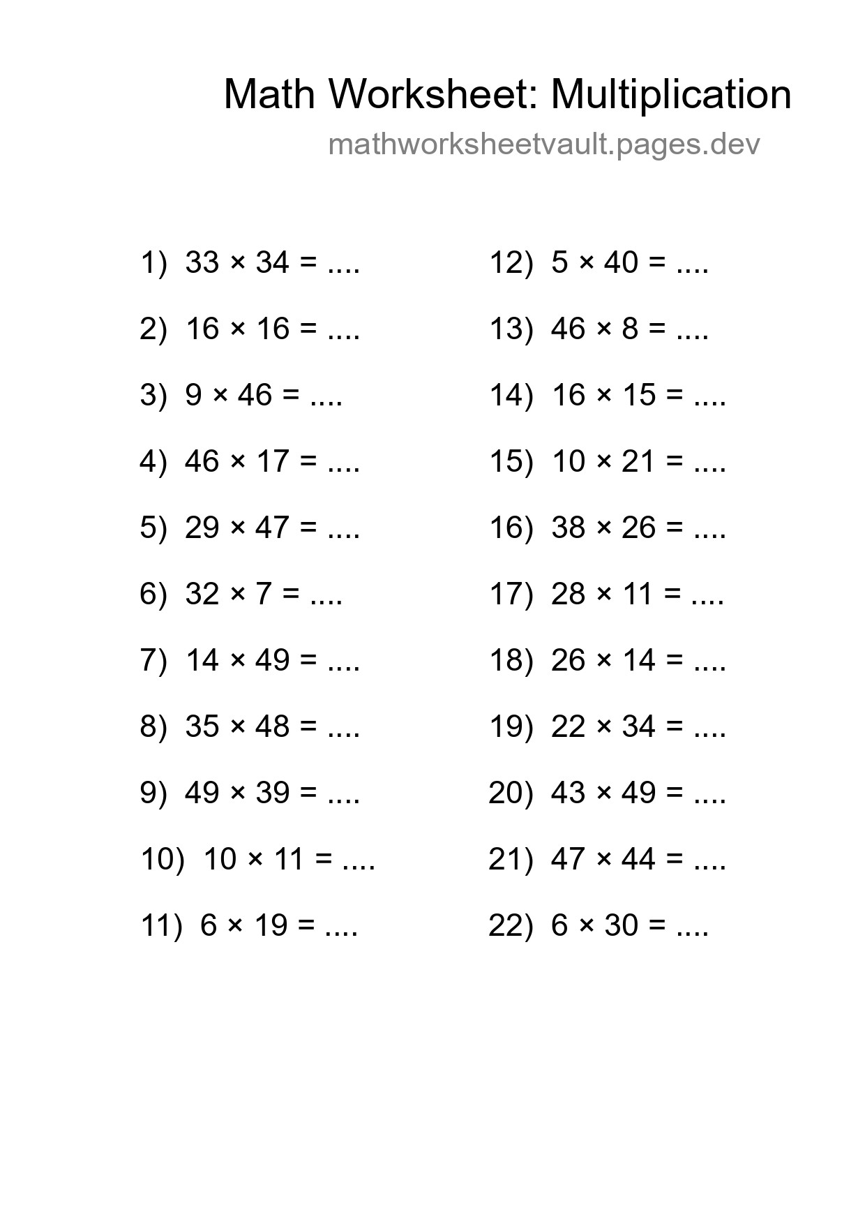 Grade 2 Multiplication Practice Worksheet (22 Problems) - Part 117