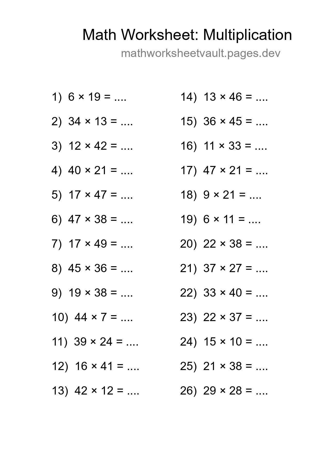 Grade 2 Multiplication Practice Worksheet (26 Problems) - Part 7