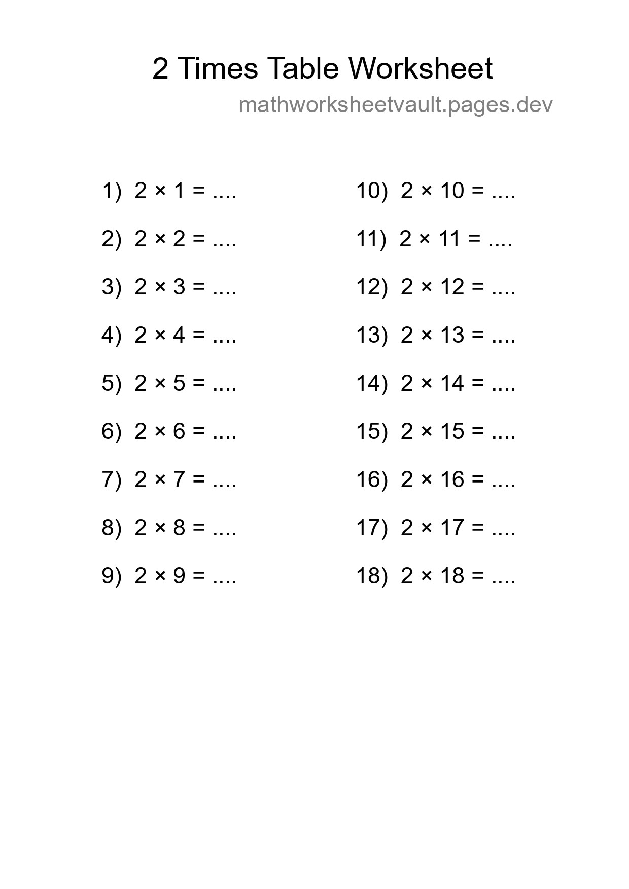 Grade 2 Multiplication Table 2 Practice - Part 99