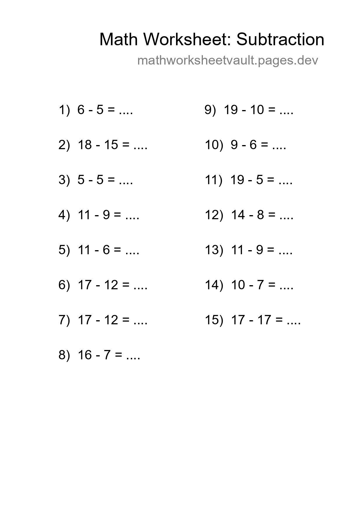 Grade 2 Subtraction Practice Worksheet (15 Problems) - Part 108
