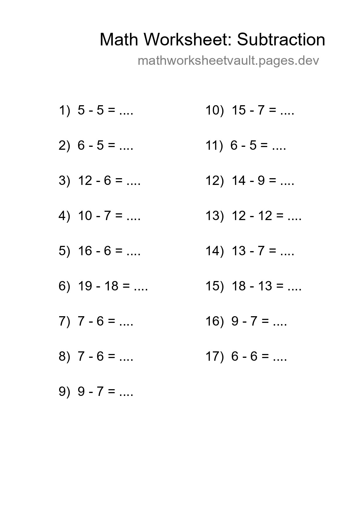 Grade 2 Subtraction Practice Worksheet (17 Problems) - Part 68