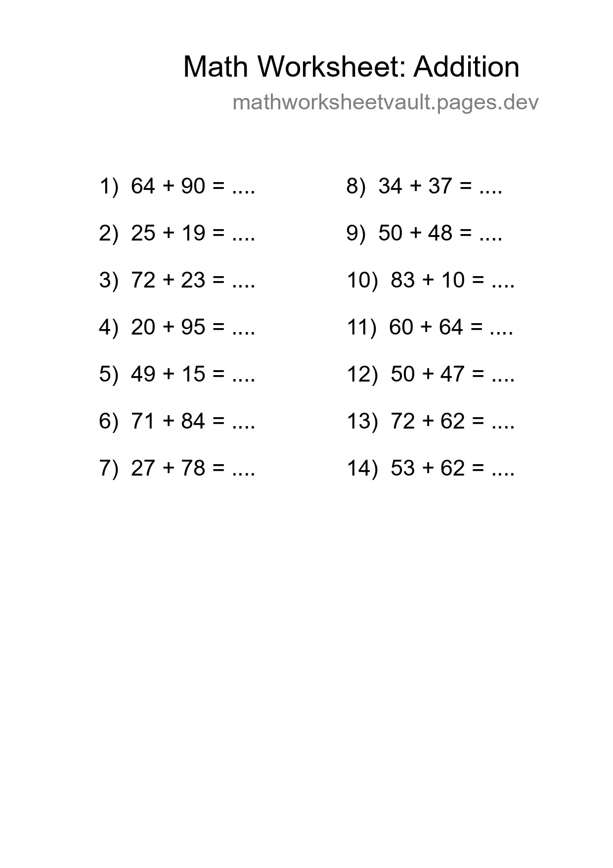 Grade 3 Addition Practice Worksheet (14 Problems) - Part 271