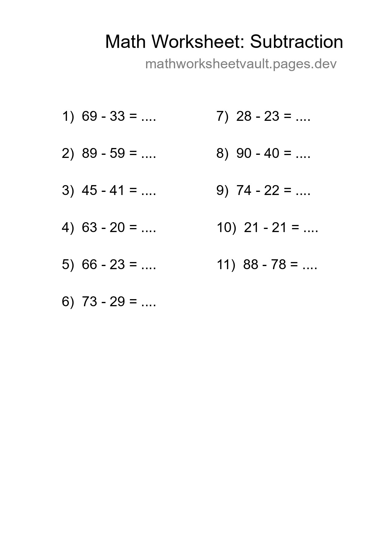 Grade 3 Subtraction Practice Worksheet (11 Problems) - Part 168