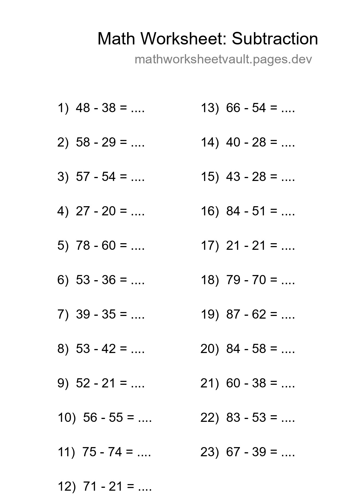 Grade 3 Subtraction Practice Worksheet (23 Problems) - Part 8