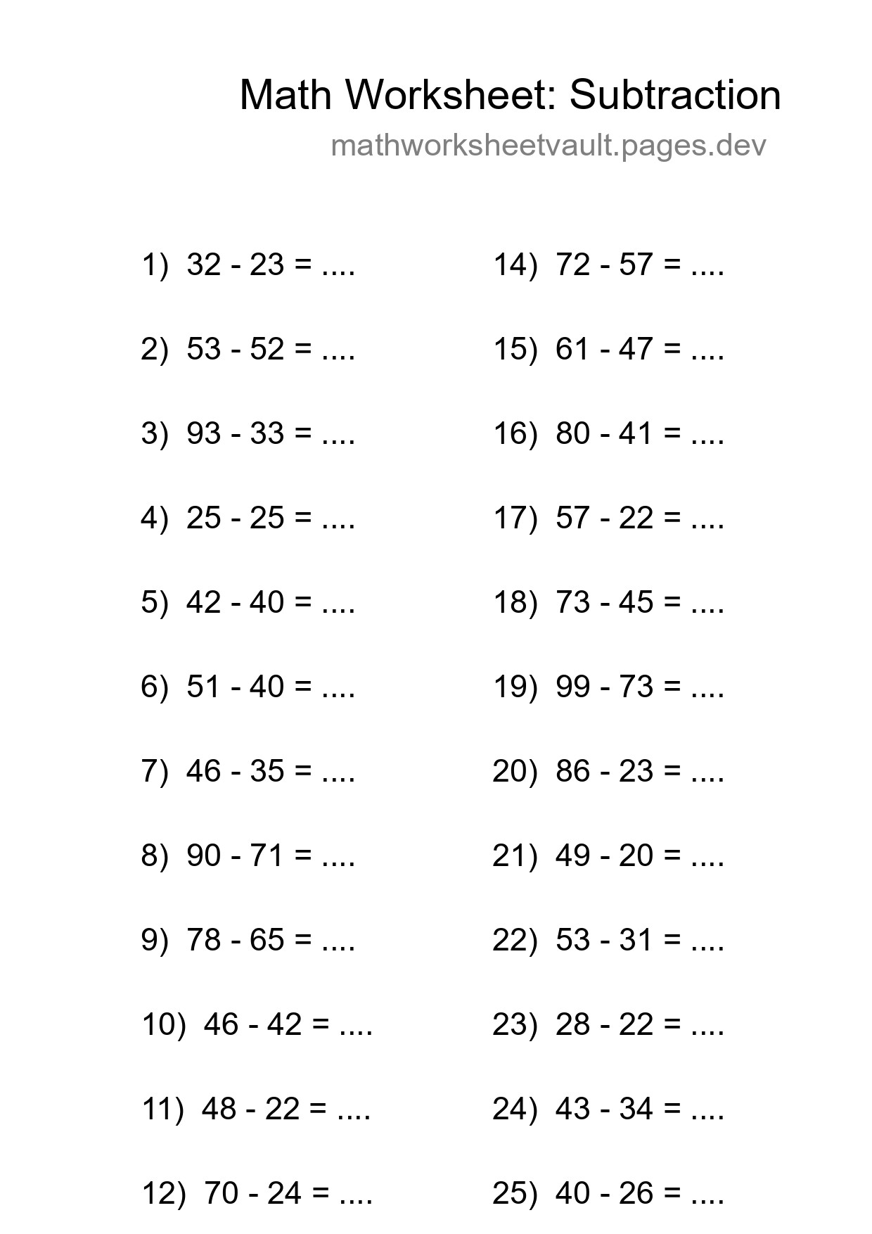 Grade 3 Subtraction Practice Worksheet (25 Problems) - Part 98