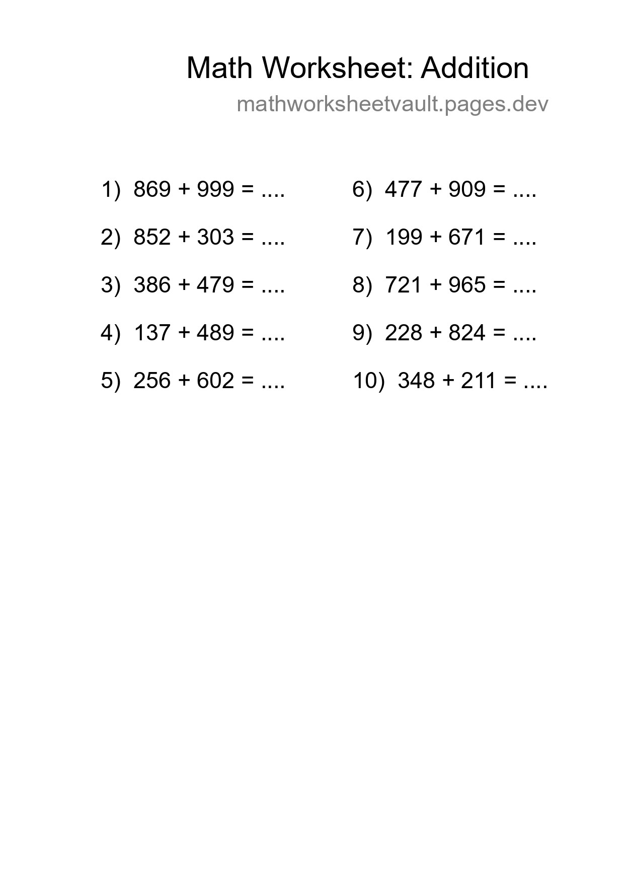 Grade 5 Addition Practice Worksheet (10 Problems) - Part 121
