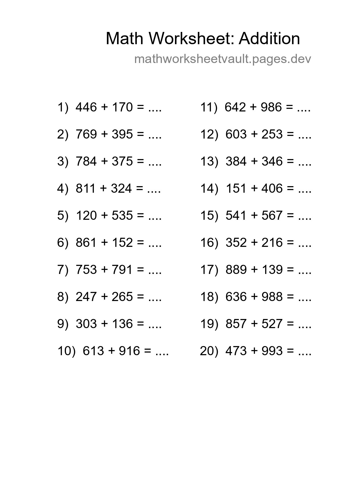 Grade 5 Addition Practice Worksheet (20 Problems) - Part 91