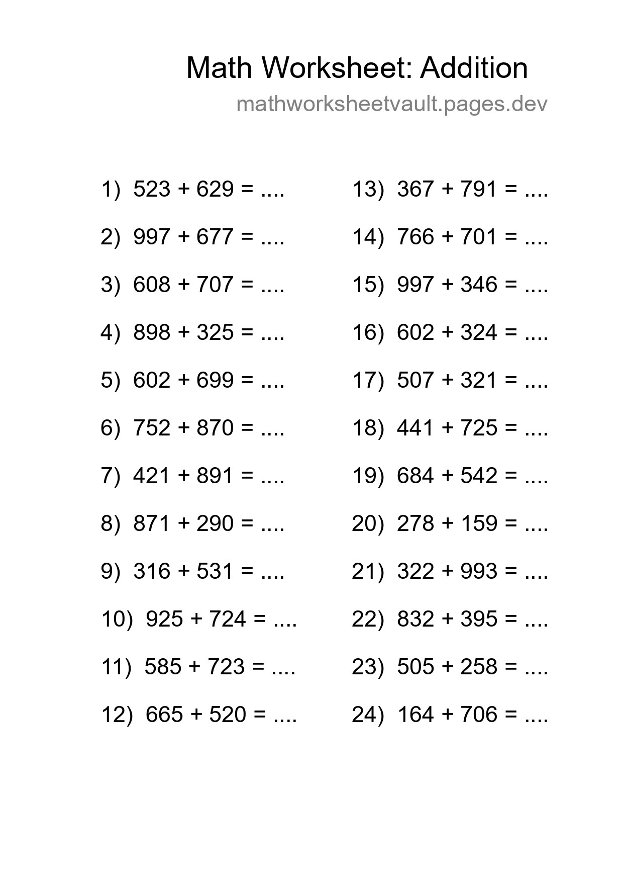 Grade 5 Addition Practice Worksheet (24 Problems) - Part 191