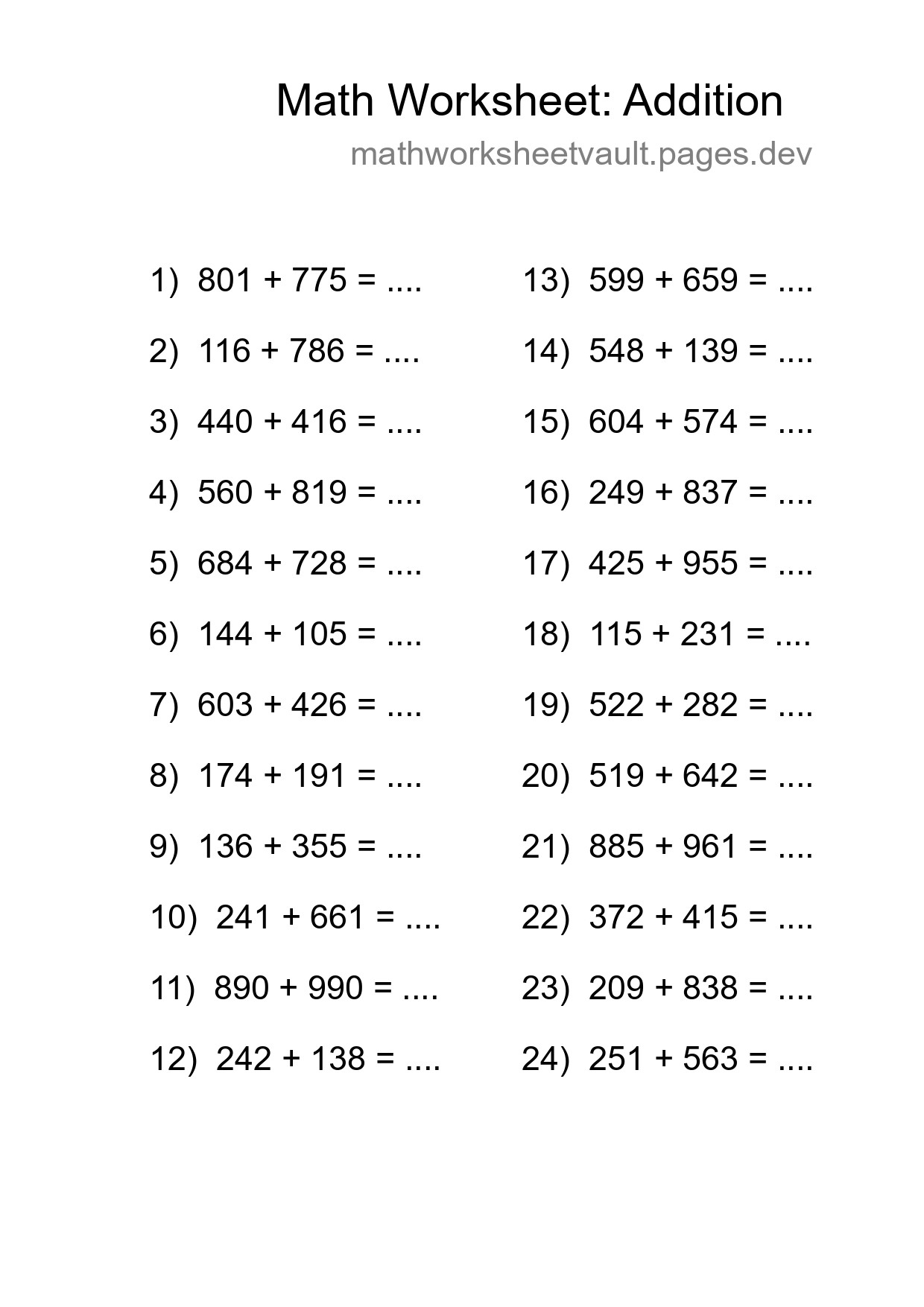 Grade 5 Addition Practice Worksheet (24 Problems) - Part 261
