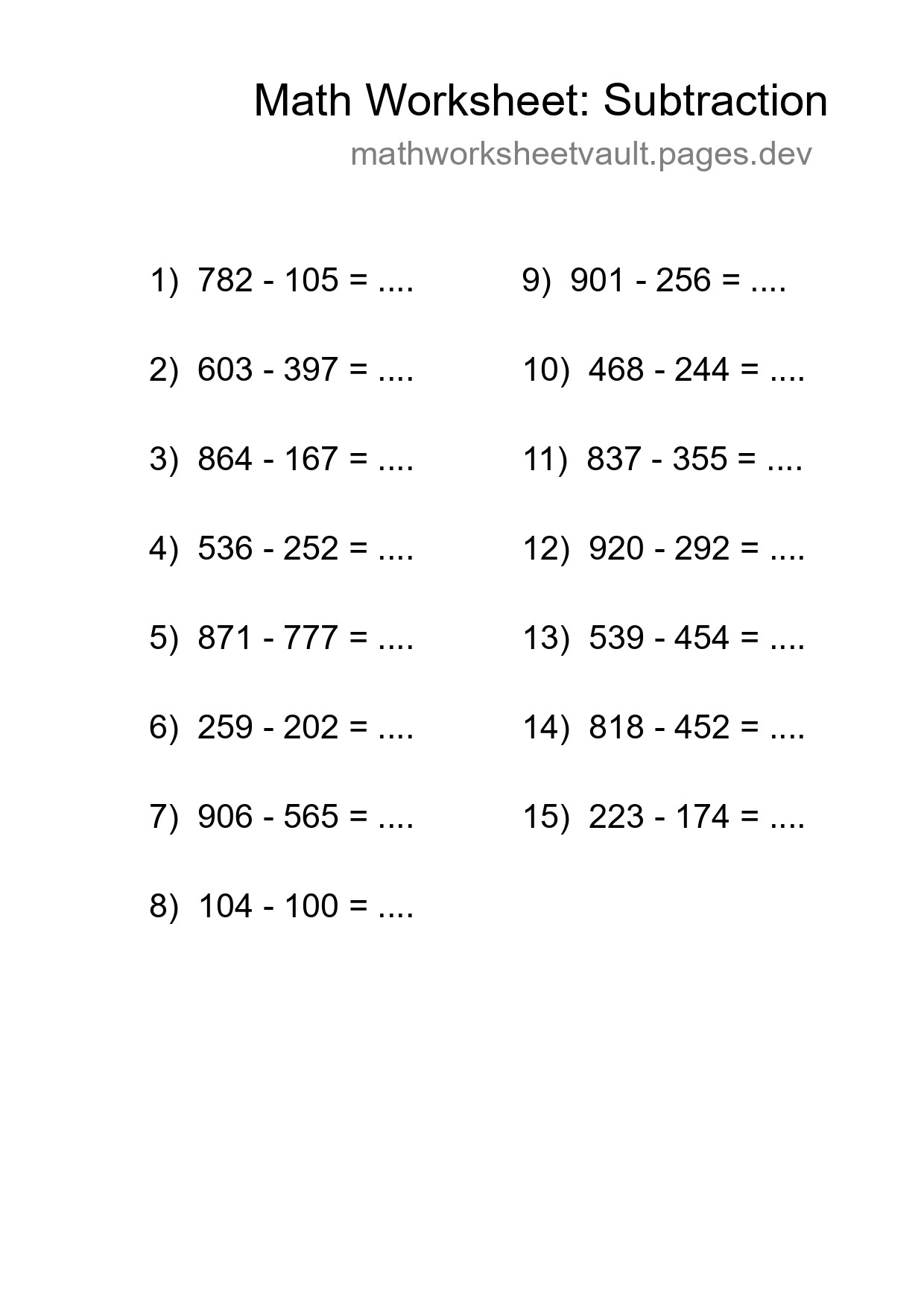 Grade 5 Subtraction Practice Worksheet (15 Problems) - Part 228