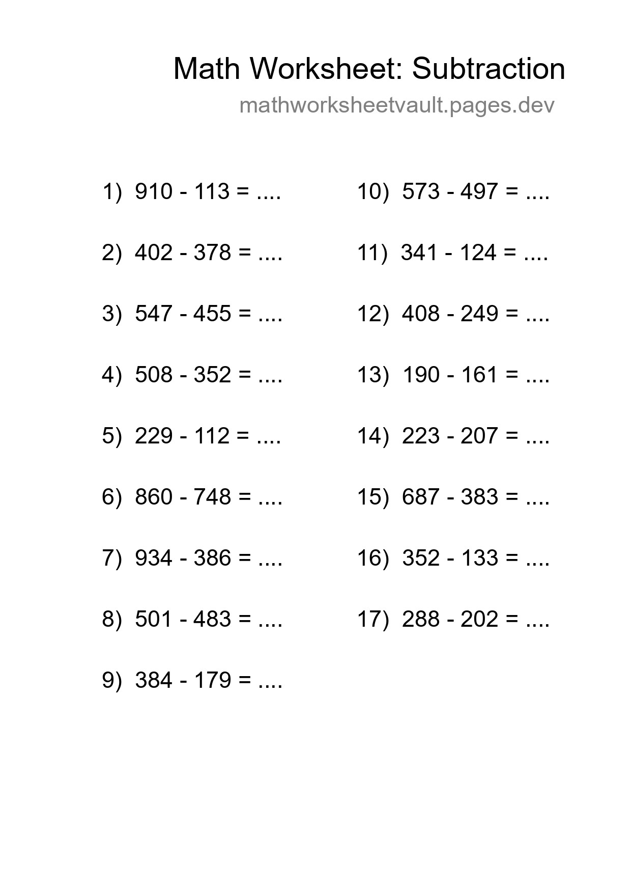 Grade 5 Subtraction Practice Worksheet (17 Problems) - Part 38