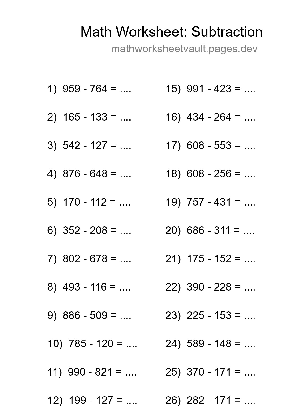 Grade 5 Subtraction Practice Worksheet (28 Problems) - Part 18