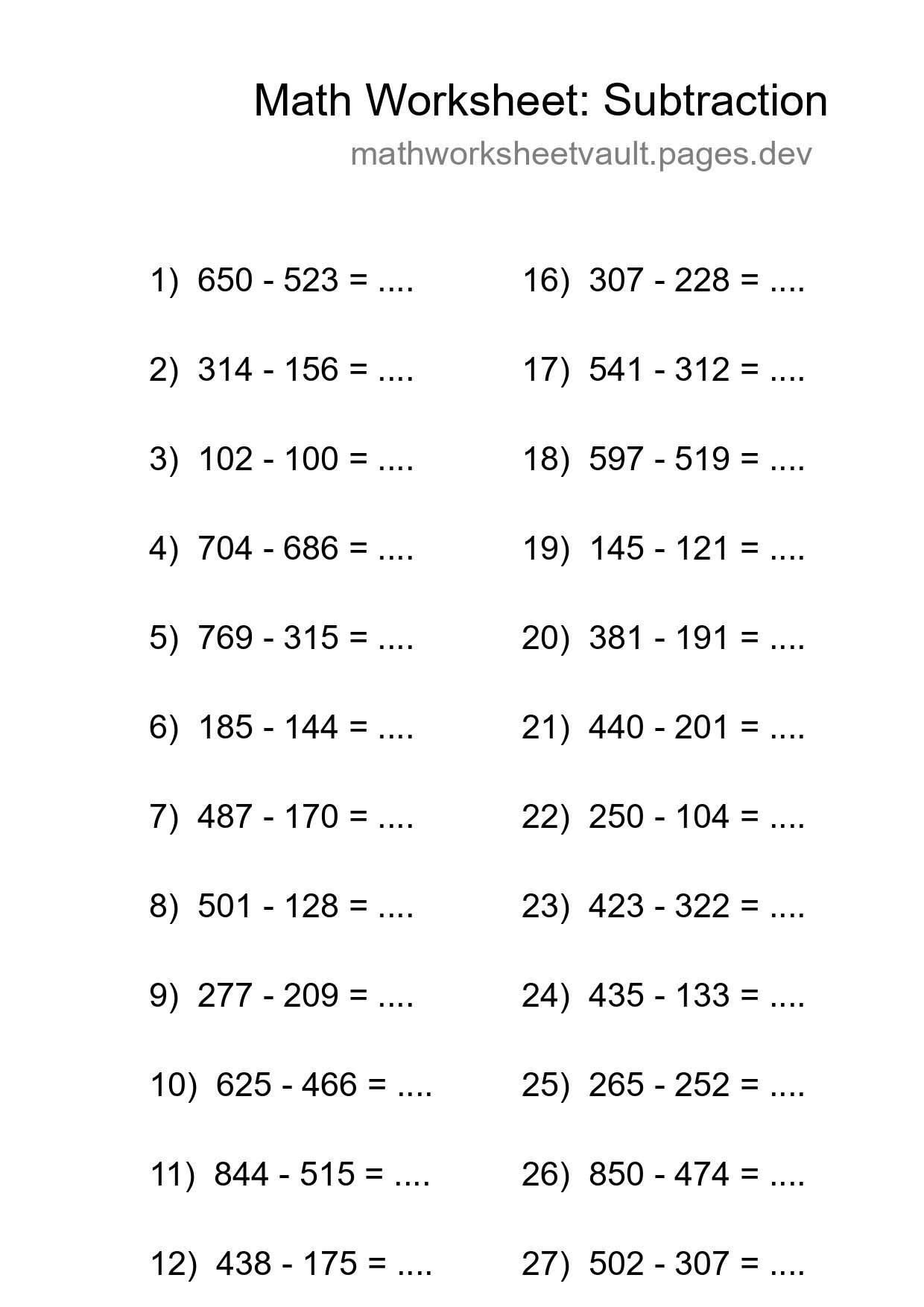 Grade 5 Subtraction Practice Worksheet (29 Problems) - Part 88