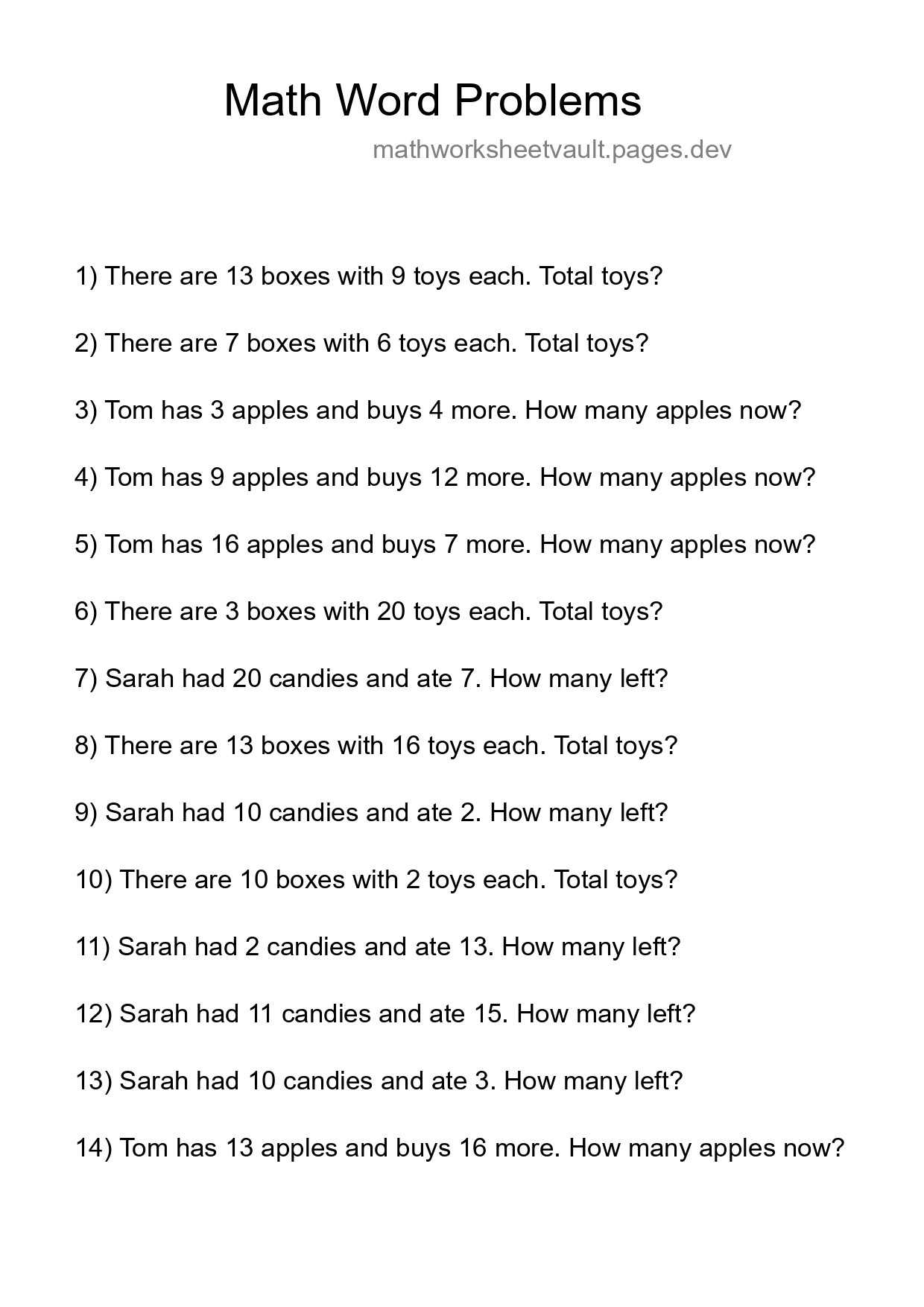 Math Word Problem Worksheet