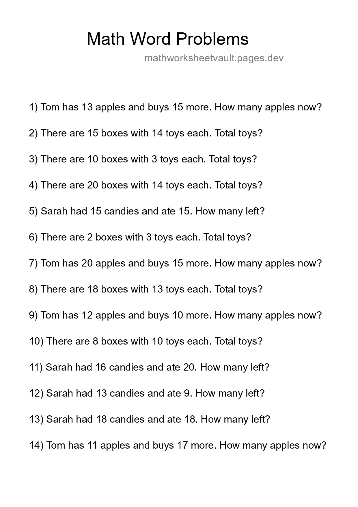 Math Word Problem Worksheet