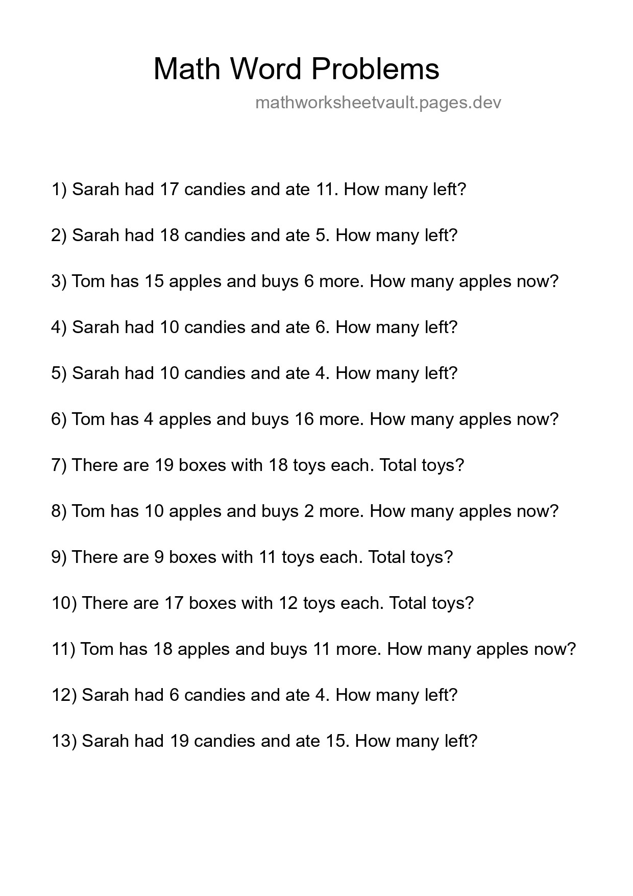 Math Word Problem Worksheet