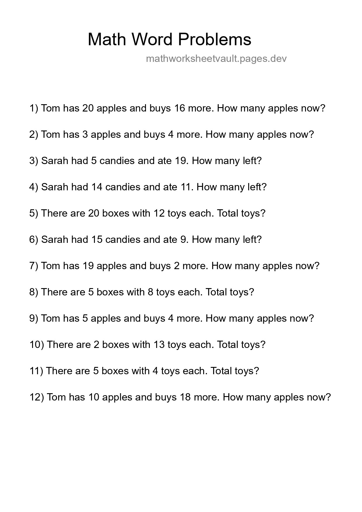 Math Word Problem Worksheet