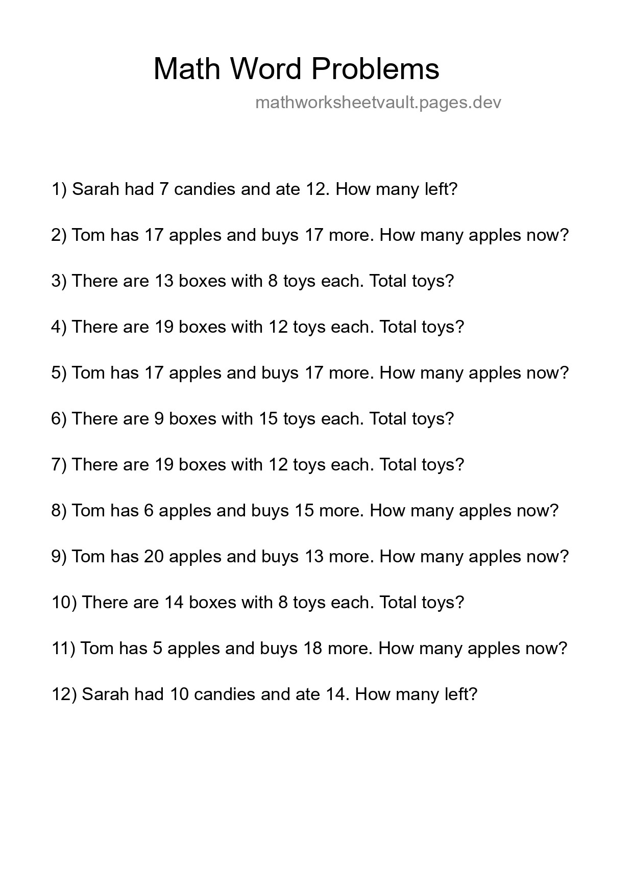 Math Word Problem Worksheet