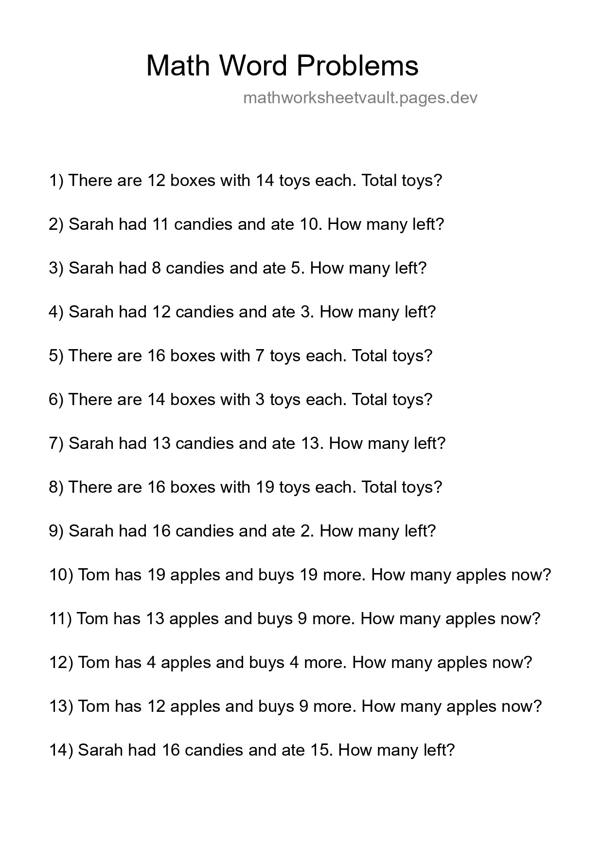 Math Word Problem Worksheet