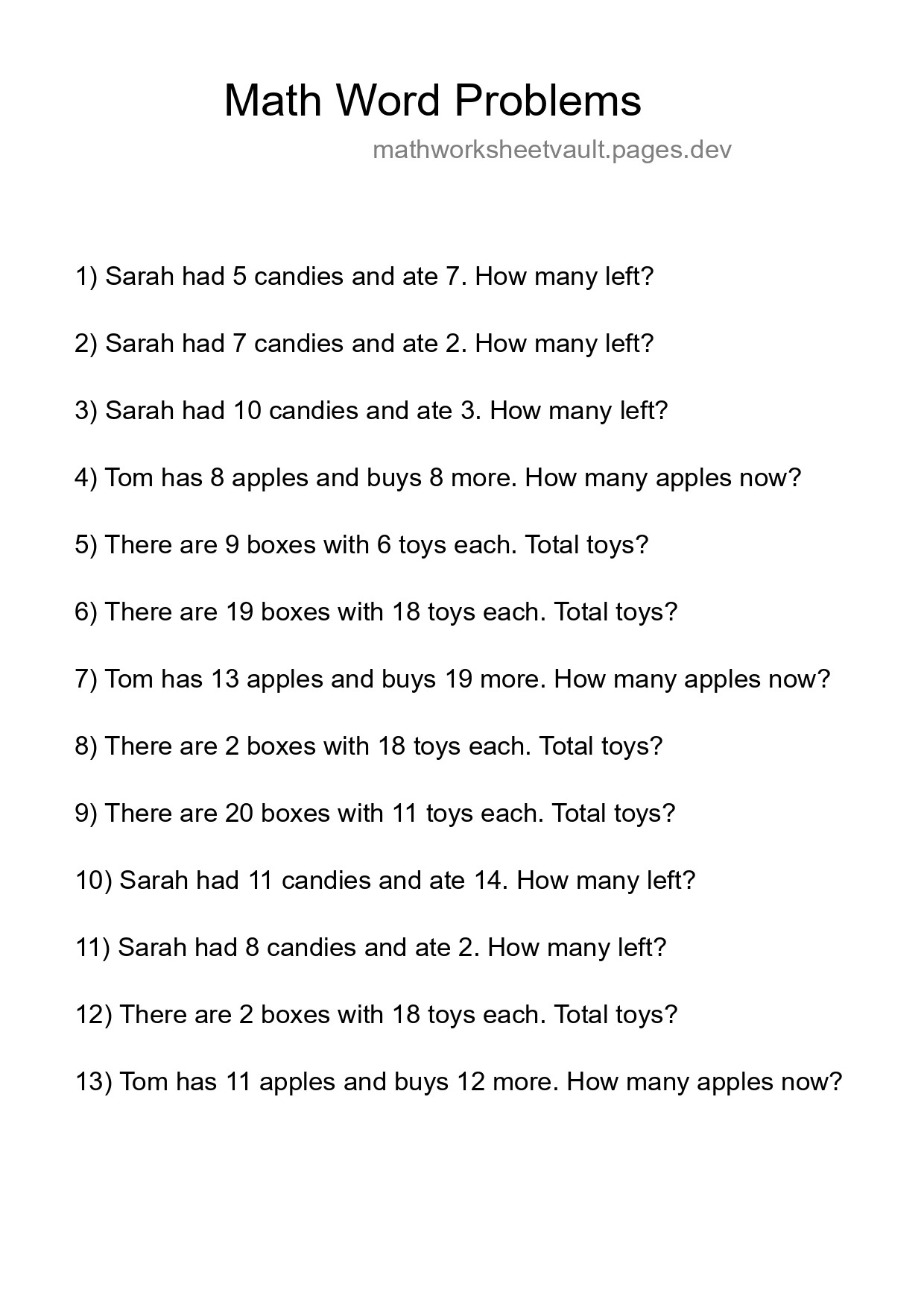 Math Word Problem Worksheet