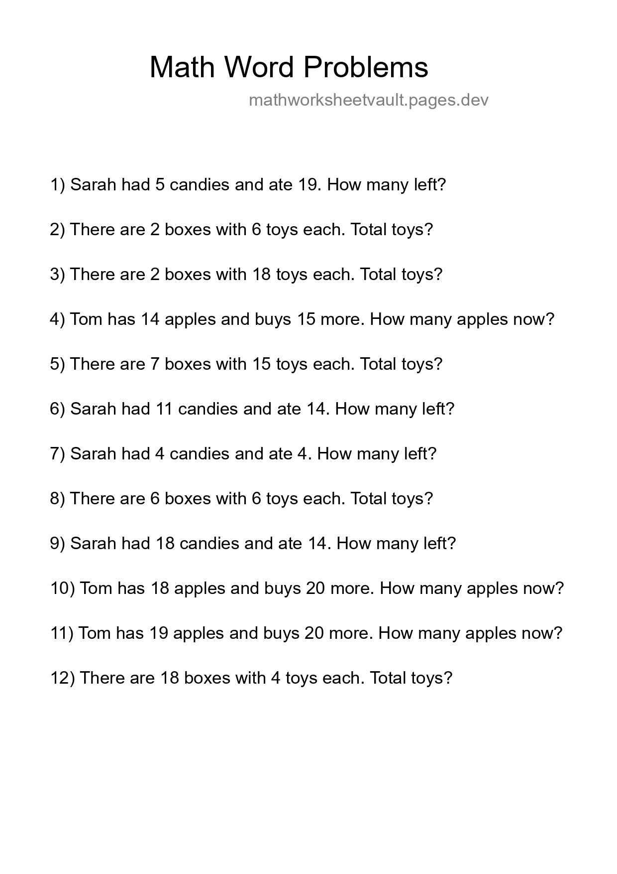 Math Word Problem Worksheet