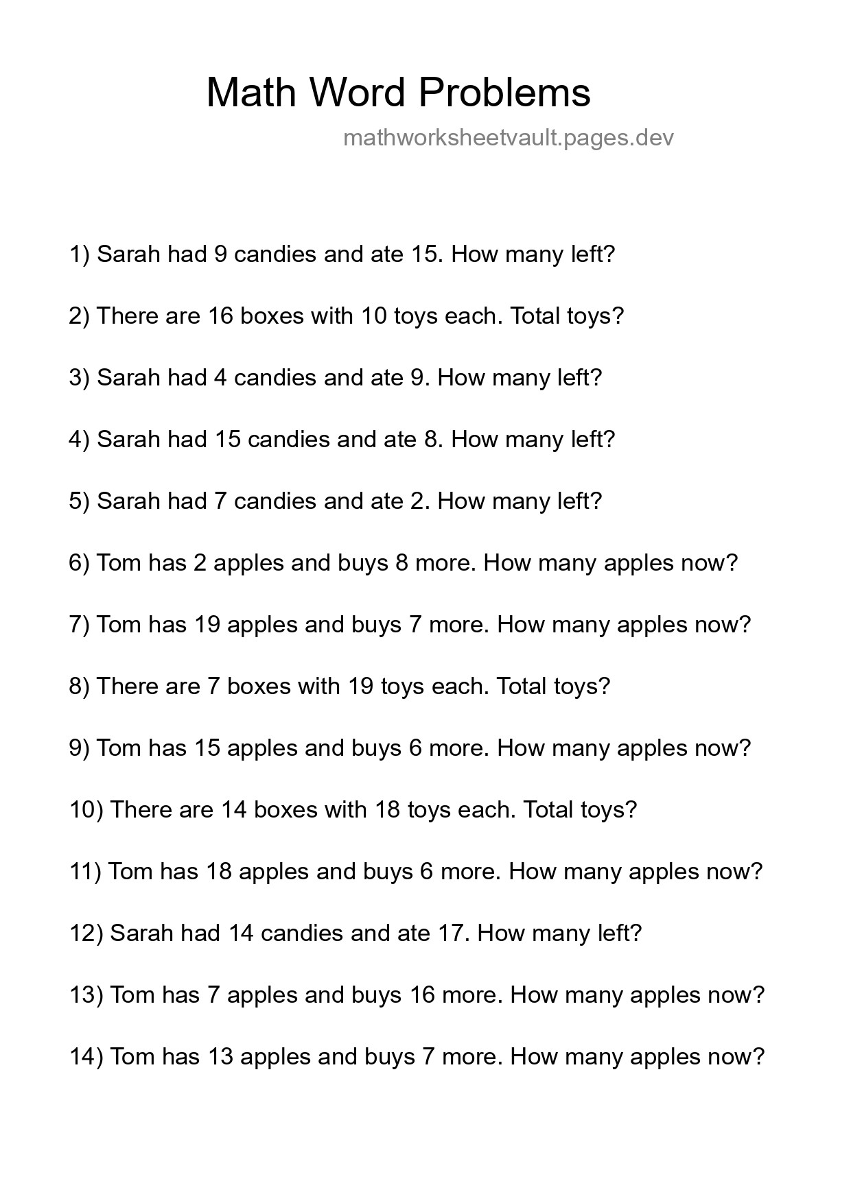 Math Word Problem Worksheet