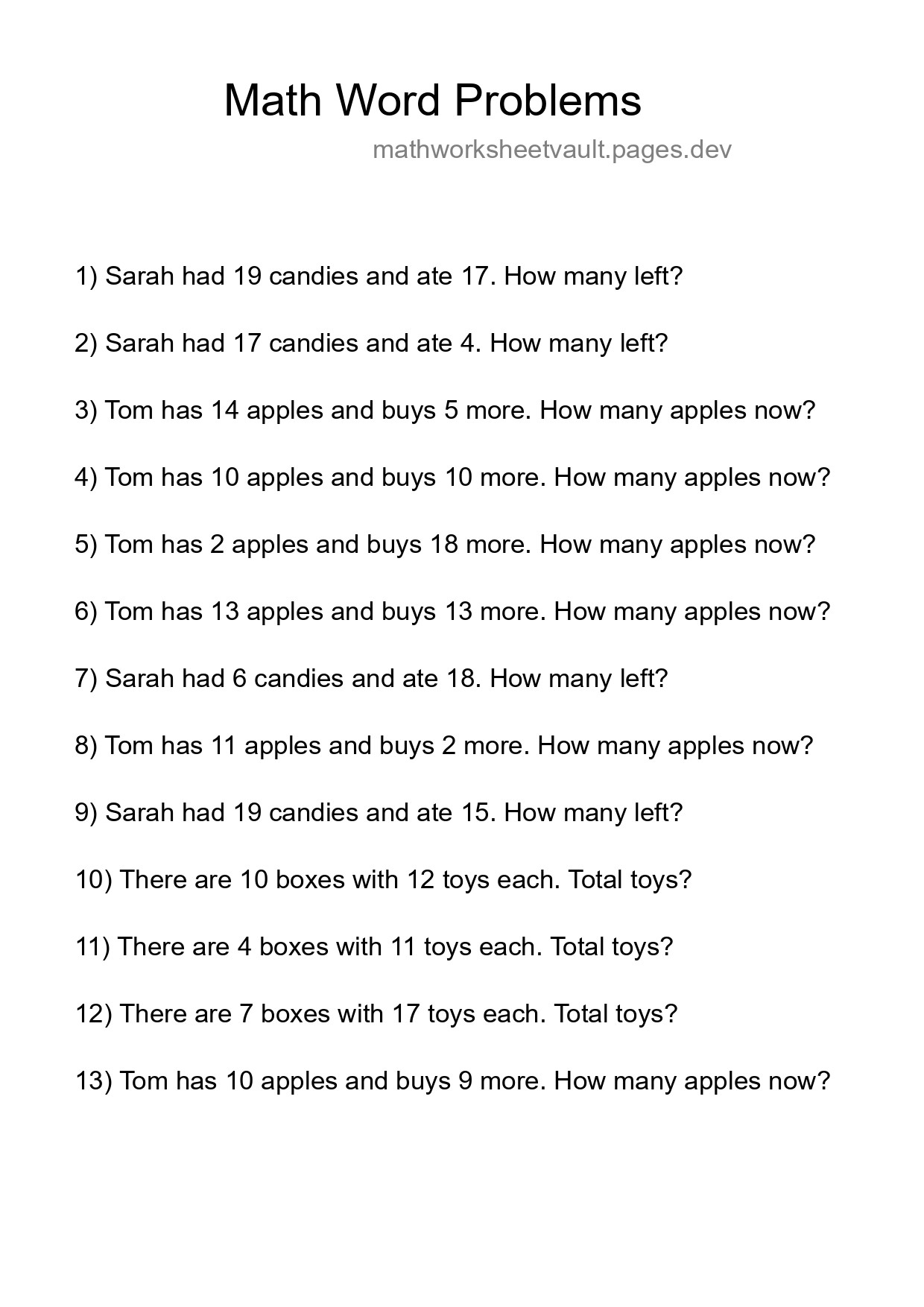 Math Word Problem Worksheet