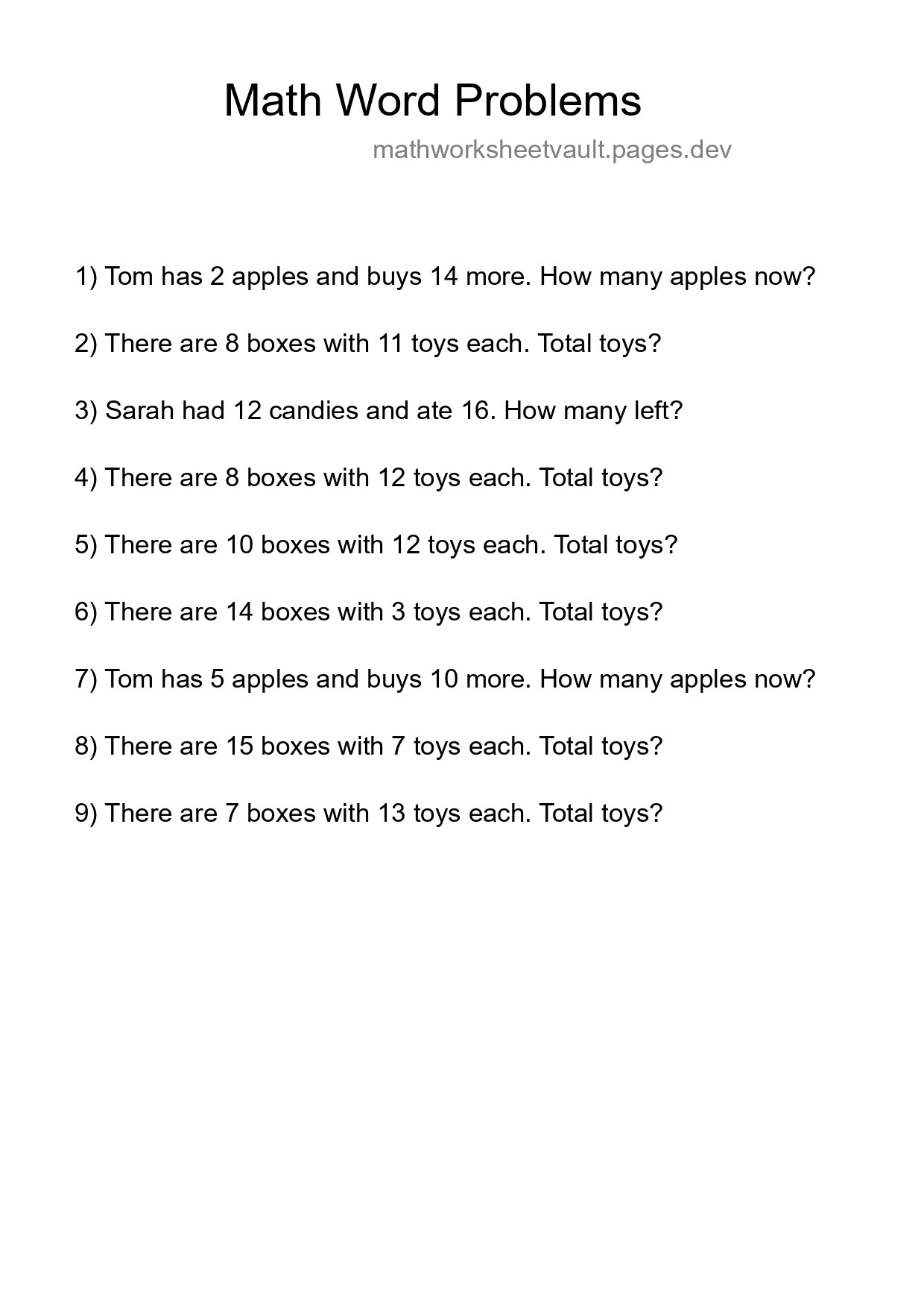 Math Word Problem Worksheet