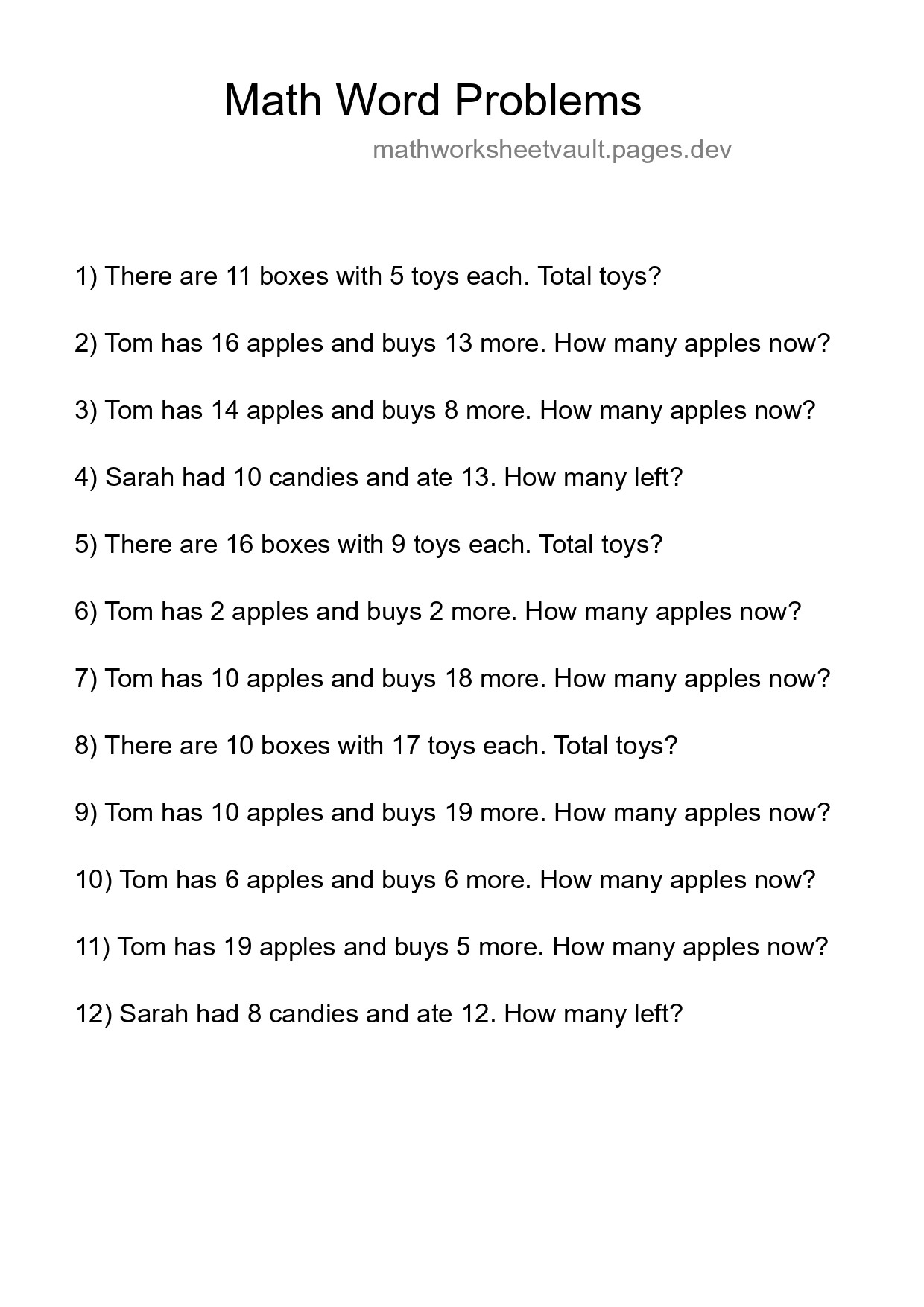Math Word Problem Worksheet