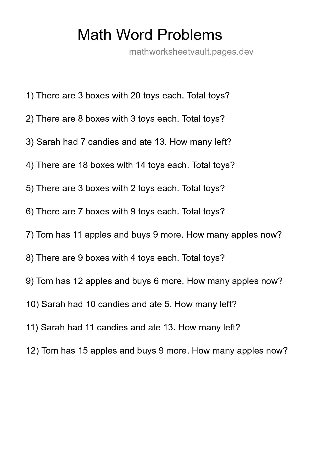 Math Word Problem Worksheet