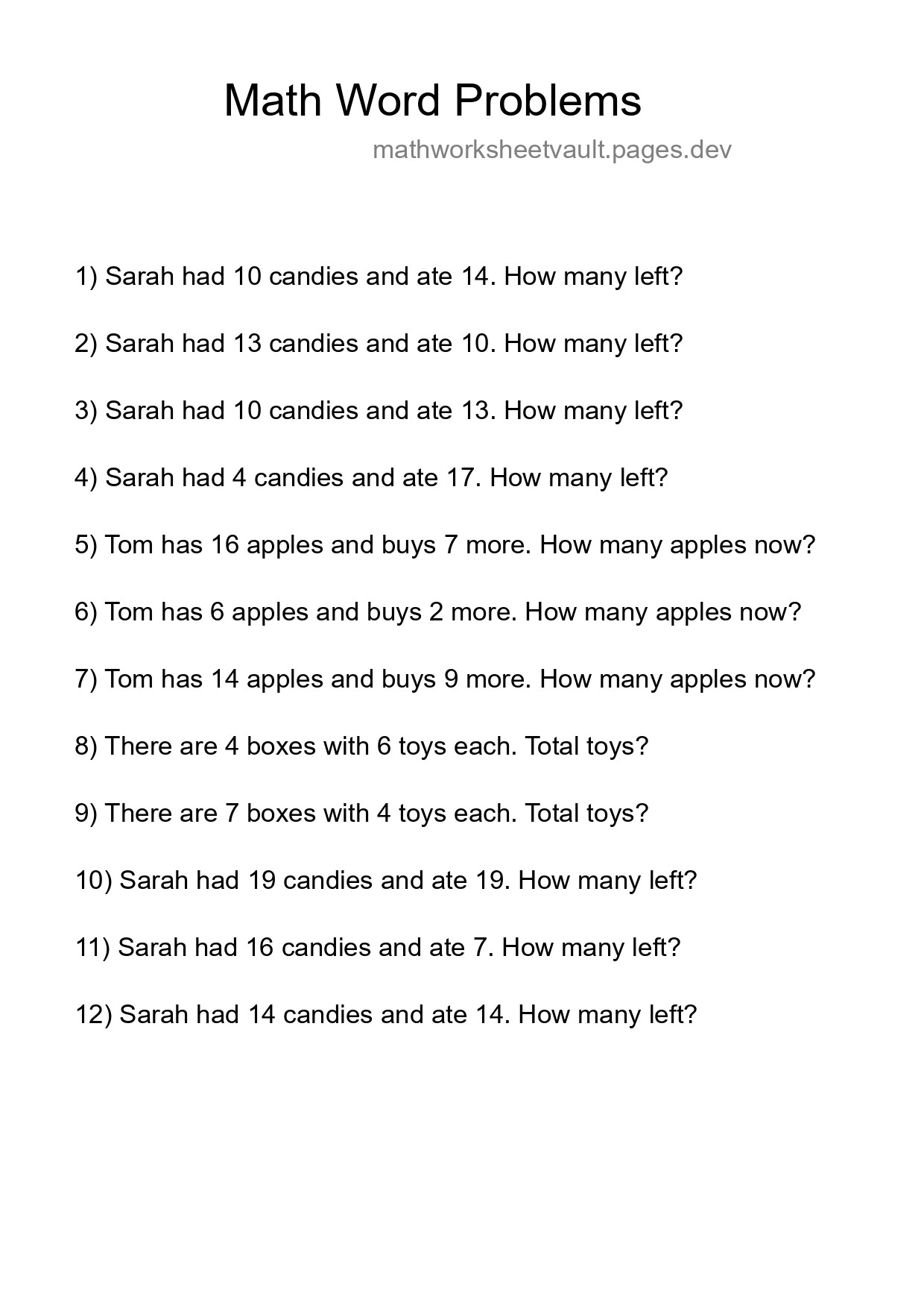 Math Word Problem Worksheet