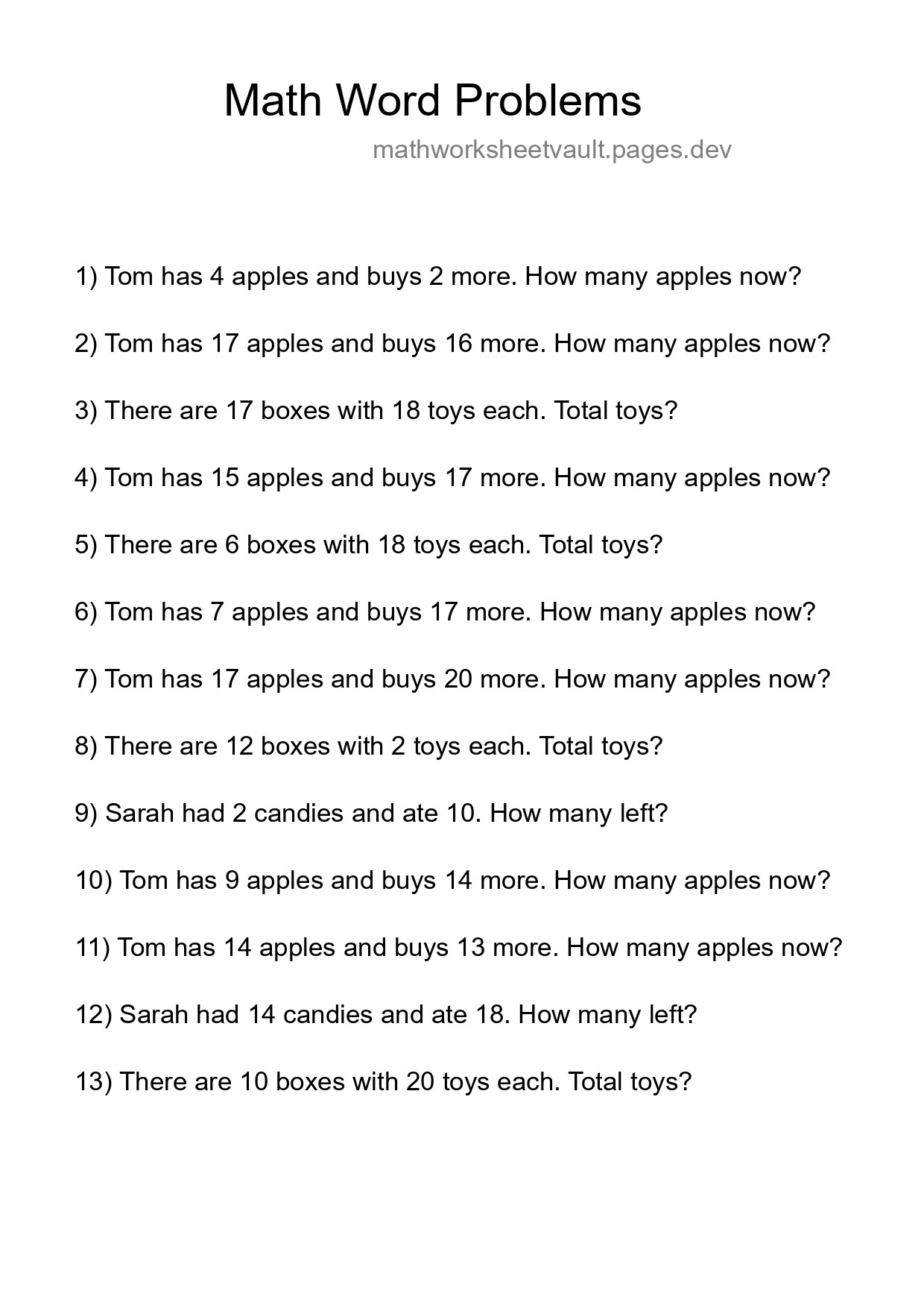 Math Word Problem Worksheet