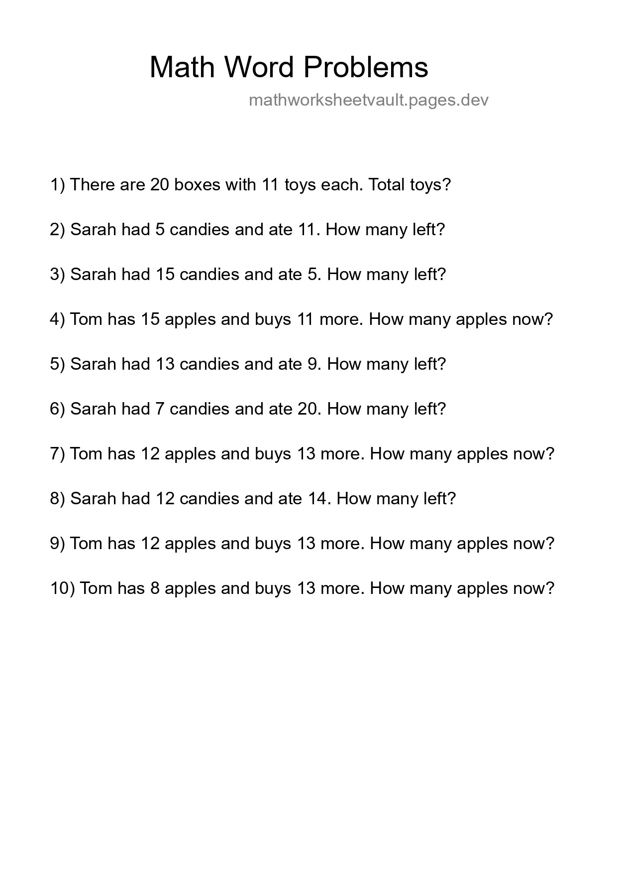 Math Word Problem Worksheet