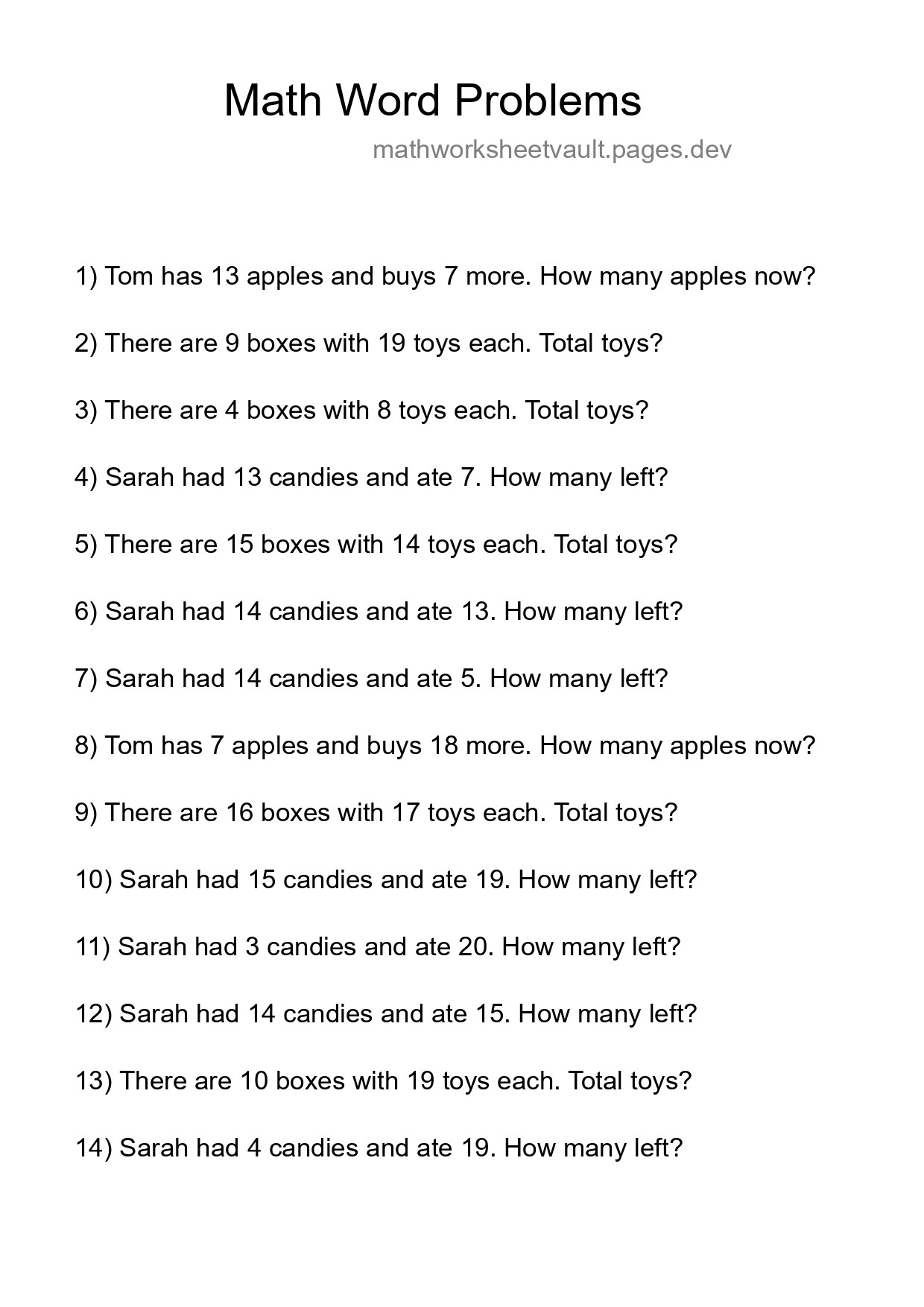 Math Word Problem Worksheet