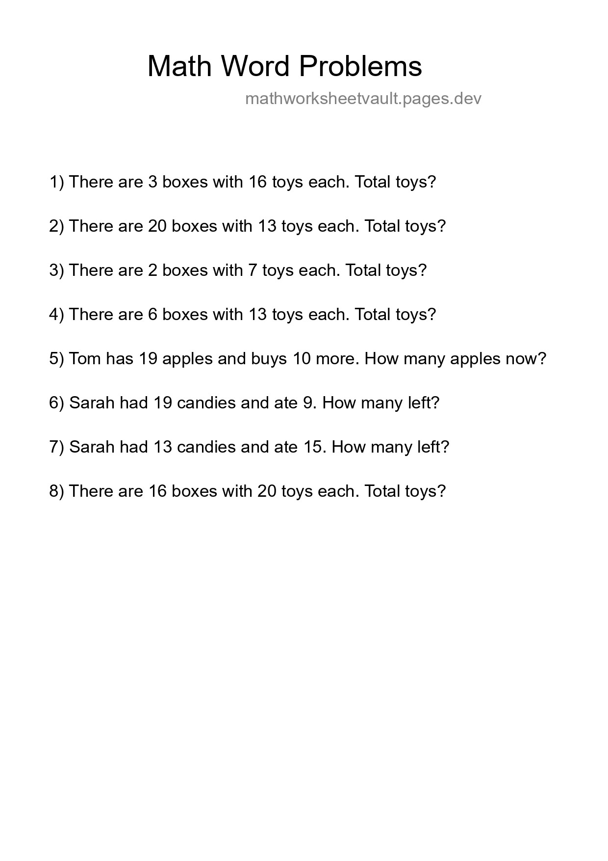 Math Word Problem Worksheet