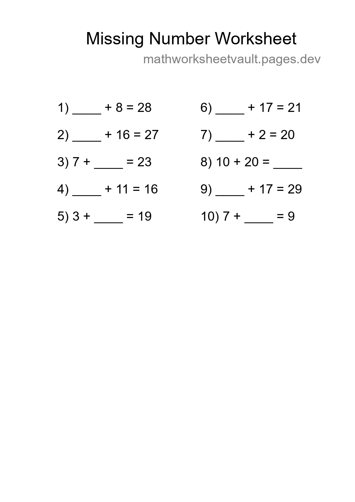 Missing Number Math Worksheet