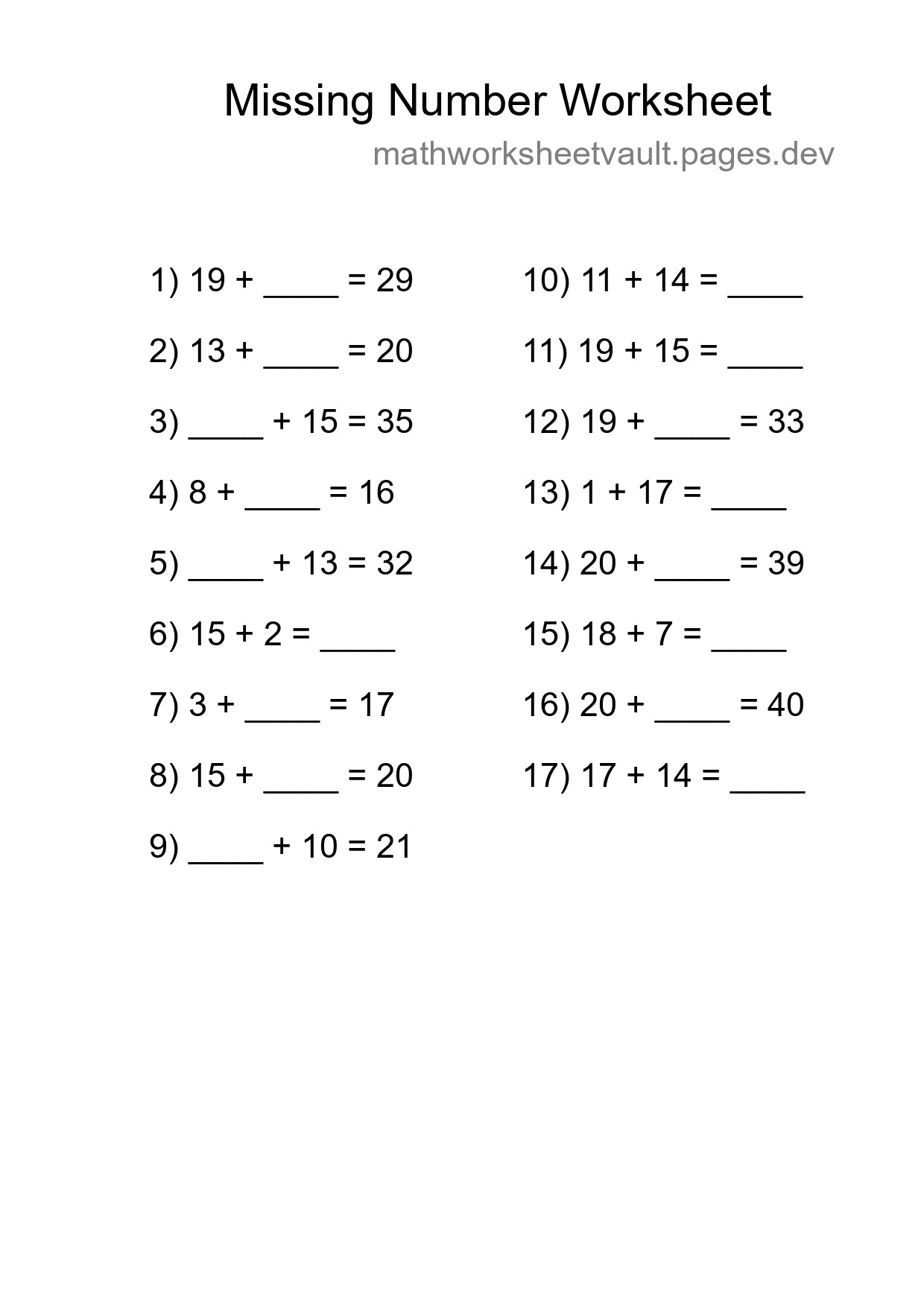 Missing Number Math Worksheet