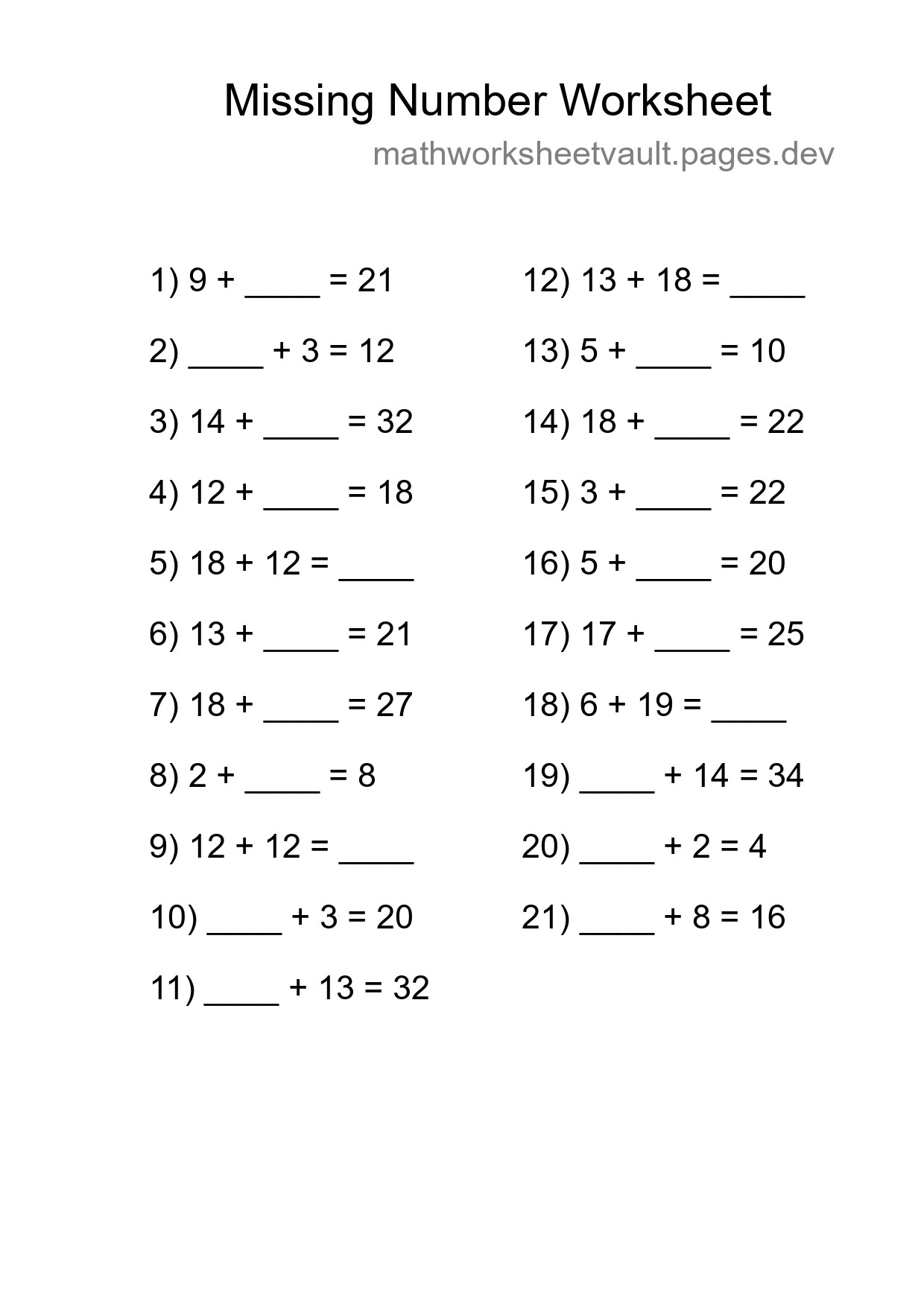 Missing Number Math Worksheet