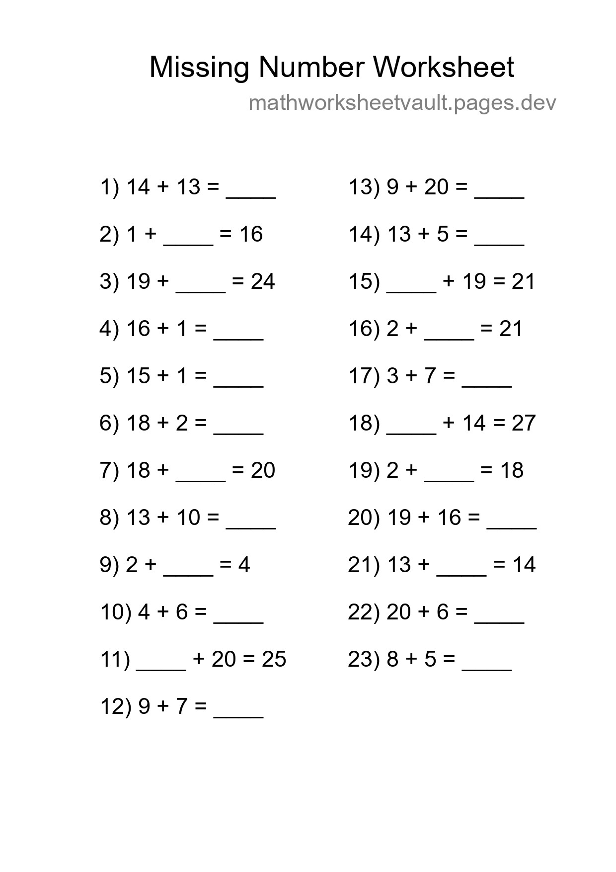 Missing Number Math Worksheet