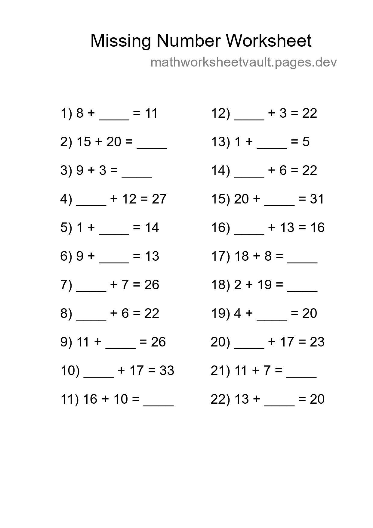 Missing Number Math Worksheet