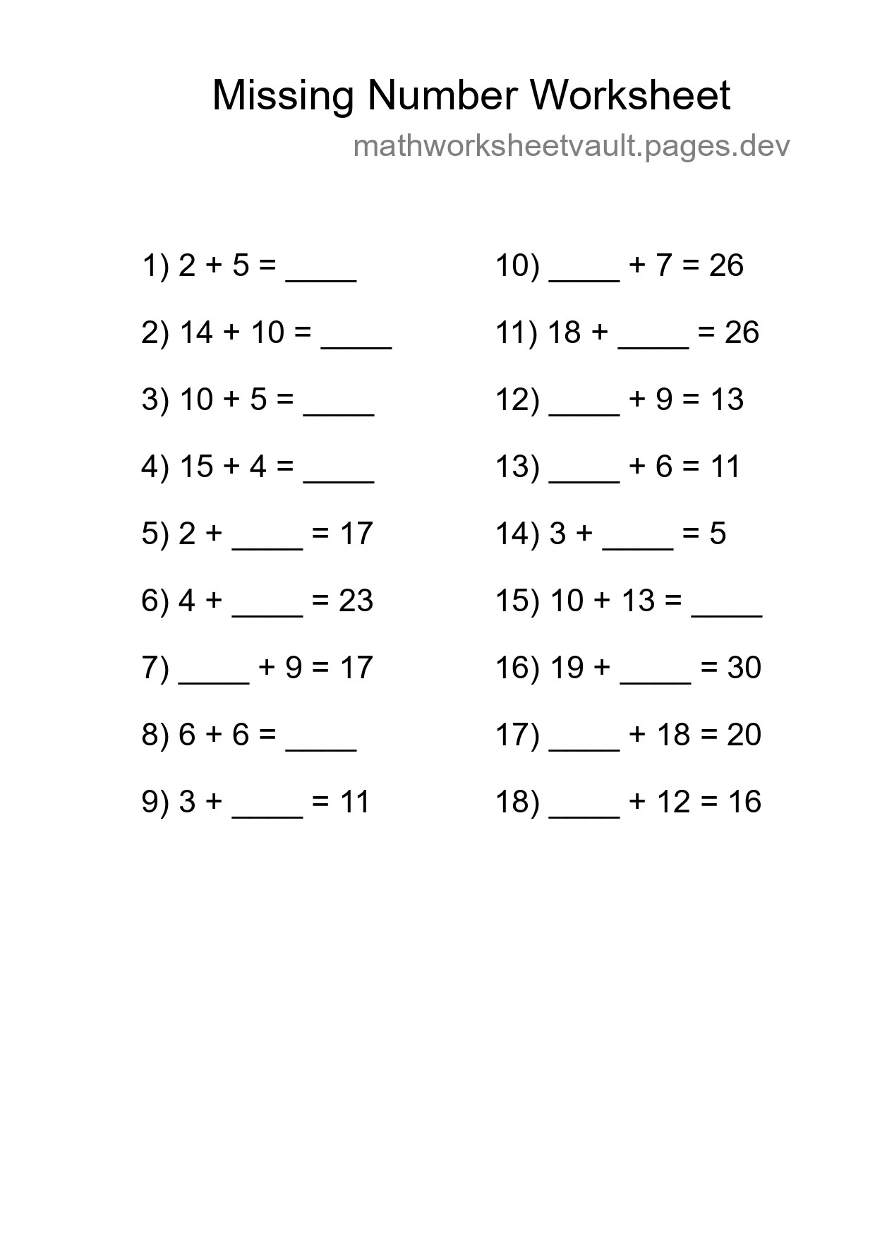 Missing Number Math Worksheet