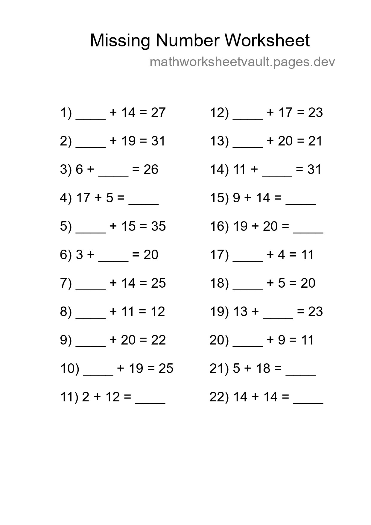 Missing Number Math Worksheet