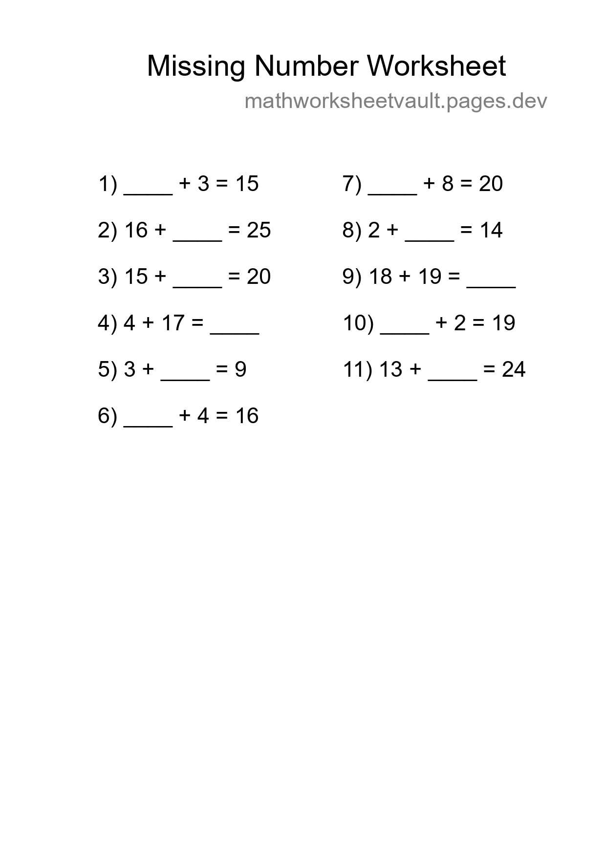 Missing Number Math Worksheet