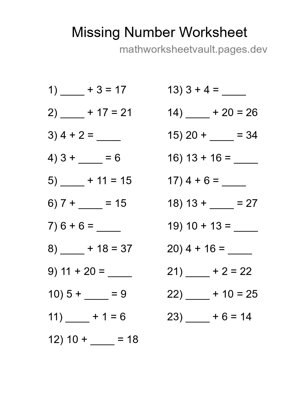 Missing Number Math Worksheet