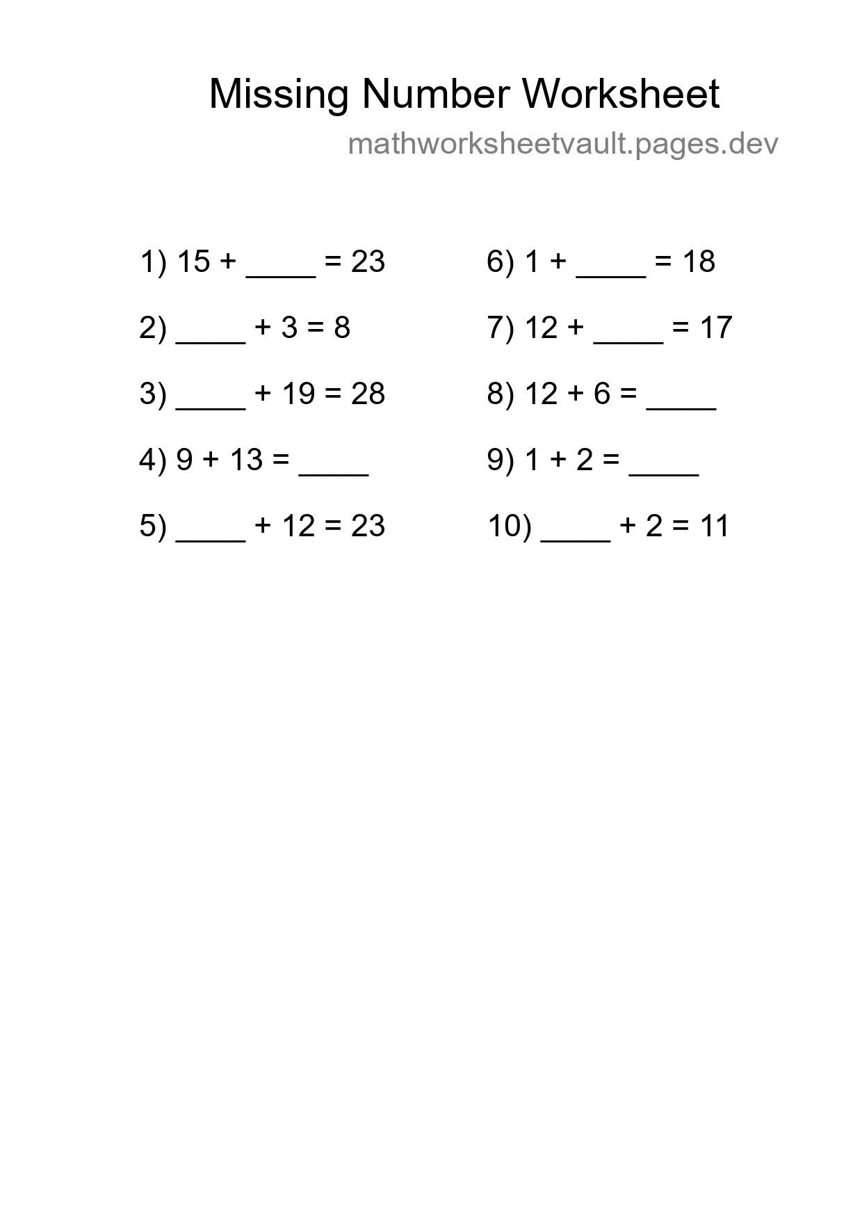 Missing Number Math Worksheet