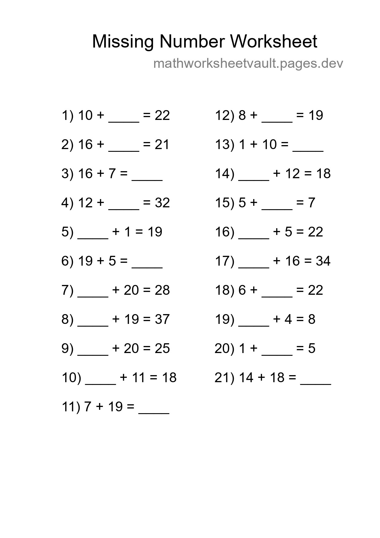 Missing Number Math Worksheet