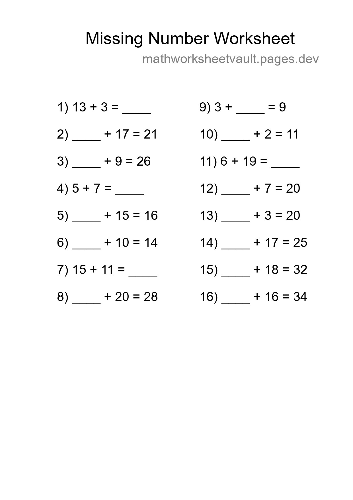 Missing Number Math Worksheet