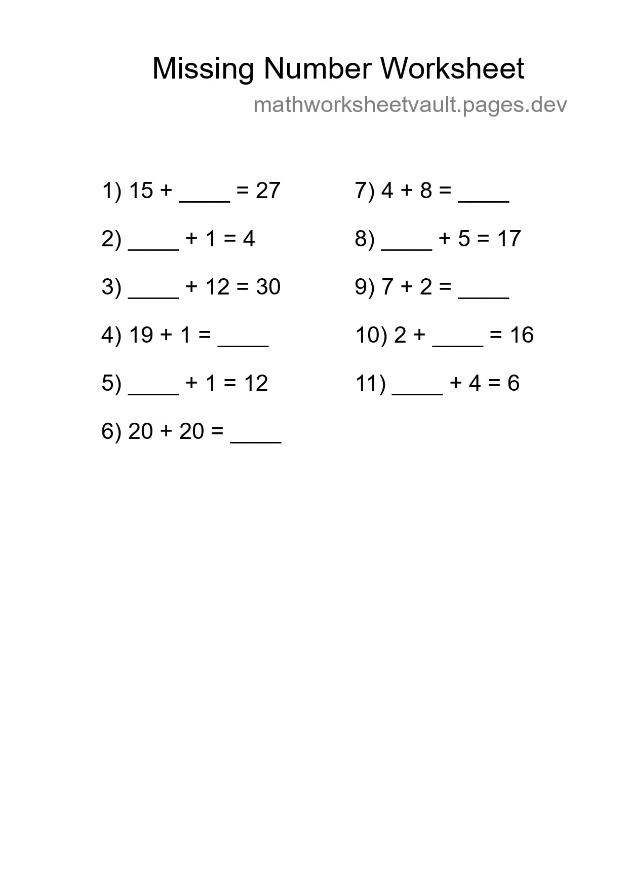 Missing Number Math Worksheet