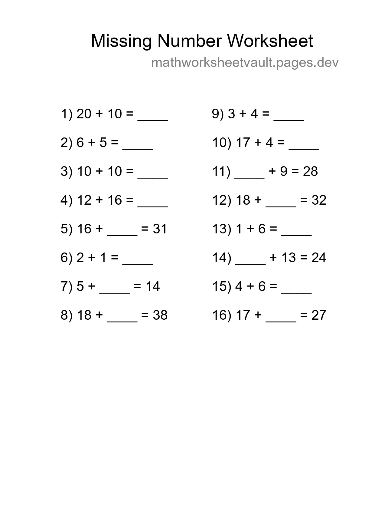 Missing Number Math Worksheet