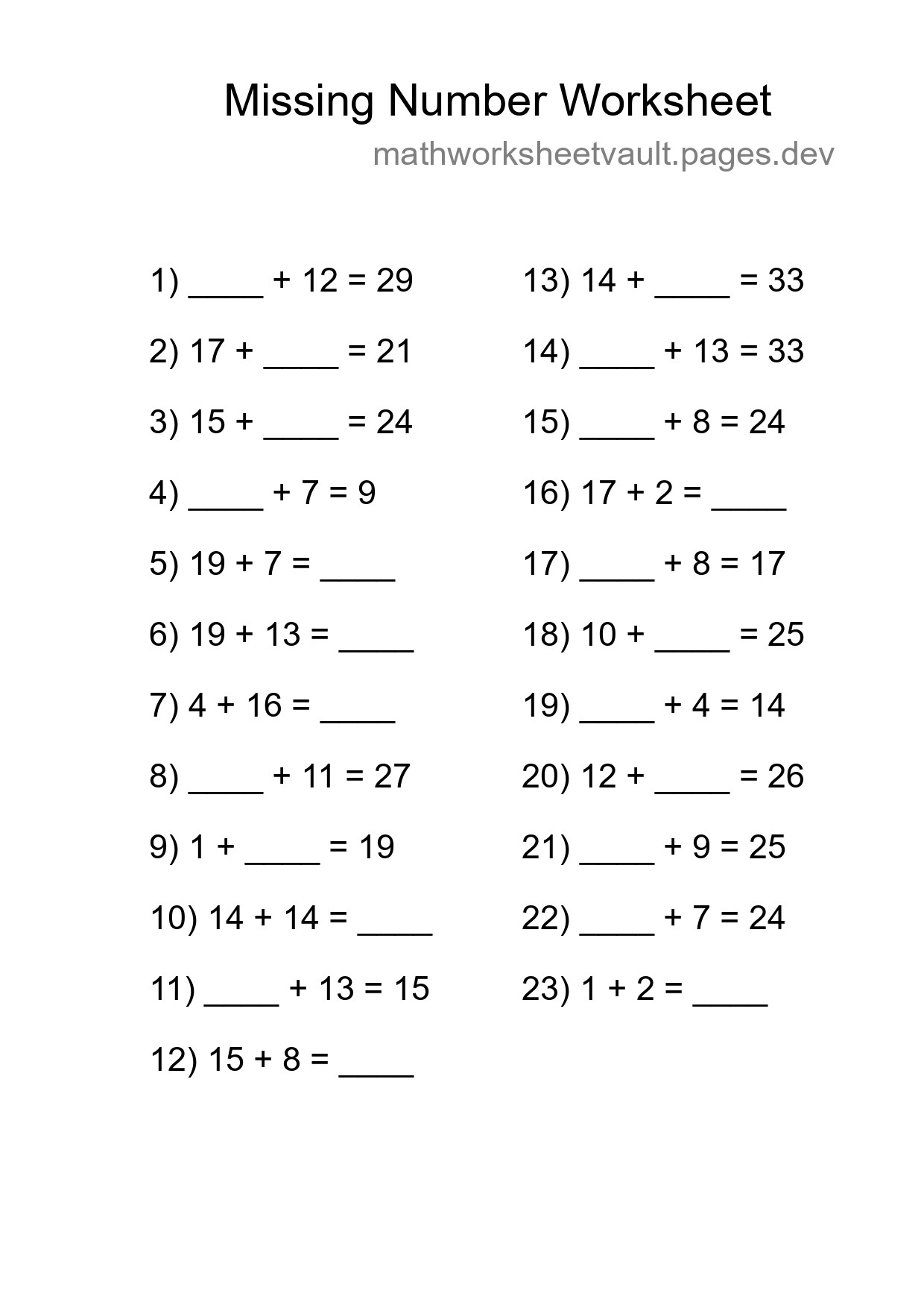 Missing Number Math Worksheet